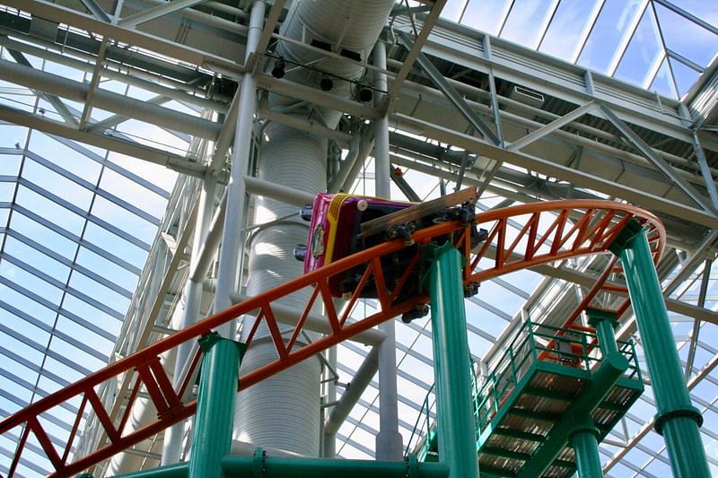 A rollercoaster car on a track at the Mall of America, shot from below.