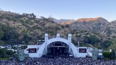 A view of the Hollywood Bowl from Section S with the Hollywood sign visible in the hills in the background.