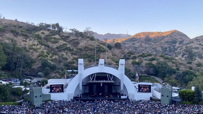 A view of the Hollywood Bowl from Section S with the Hollywood sign visible in the hills in the background.