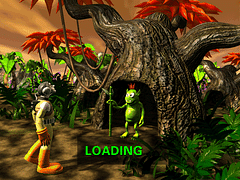 Text that says "LOADING" over an image of the unnamed player character from Dr. Brain Thinking Games:IQ Adventure face-to-face with a plant-ish humanoid standing in front of a tree-like plant with an opening.