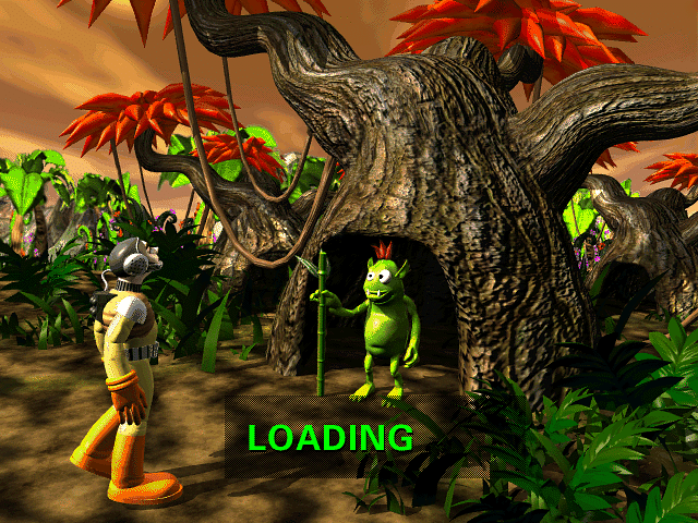 Text that says “LOADING” over an image of the unnamed player character from Dr. Brain Thinking Games: IQ Adventure face-to-face with a plant-ish humanoid standing in front of a tree-like plant with an opening.