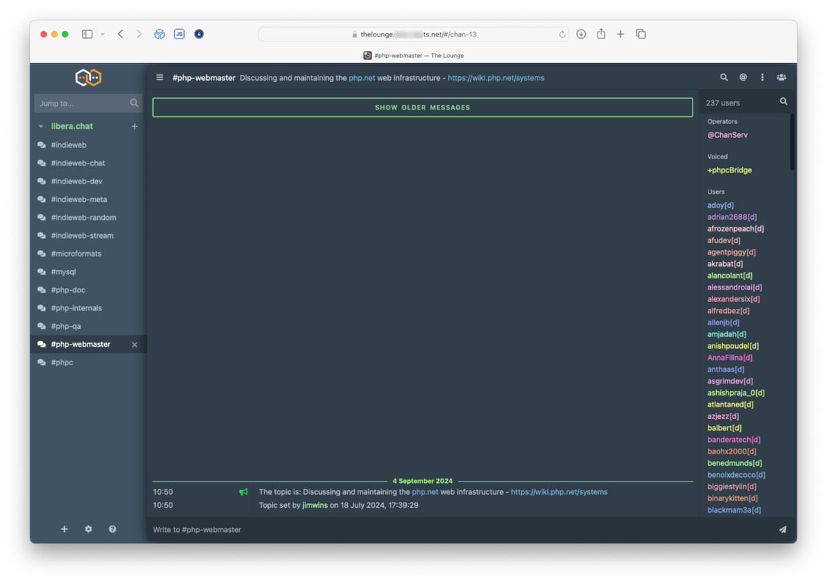 A screenshot of a Safari window showing The Lounge running over Tailscale.