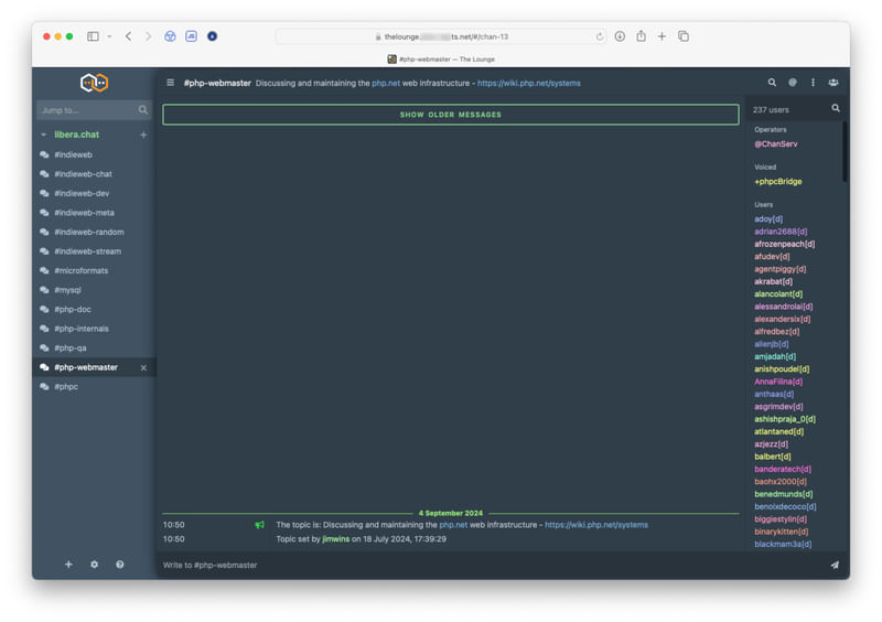 A screenshot of a Safari window showing The Lounge running over Tailscale.